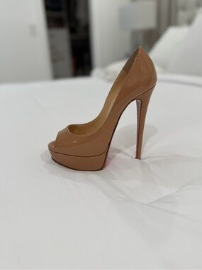 Christian Louboutin Patent Peep-Toe Platform Pump in Nude Brown